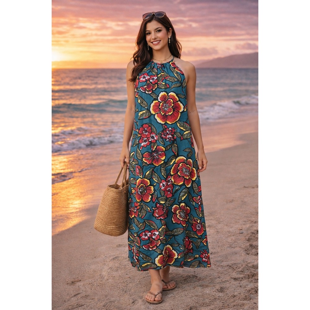 Loft Linen Floral Beachy Maxi Dress Size S Flowy Bright Tropical Resort Vacay - Picture 1 of 11